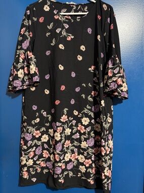 Black Floral Midi Dress with Purple and Pink Blooms